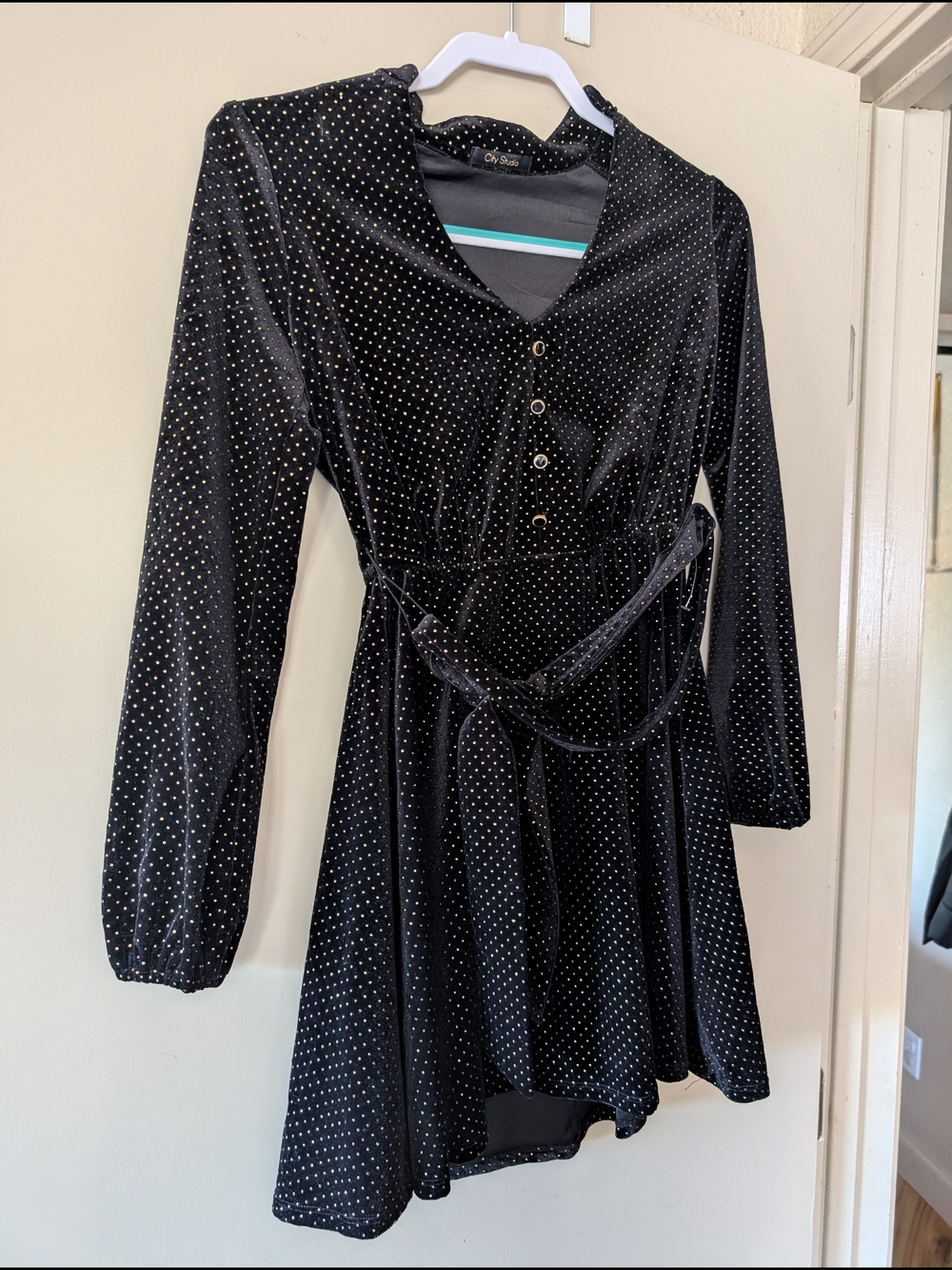 Black Velvet Polka Dot Long-Sleeve Wrap Dress